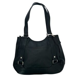 St John’s Bay Black Leather Pebbled Soft Cowhide Shoulder Bag Zippered Closure